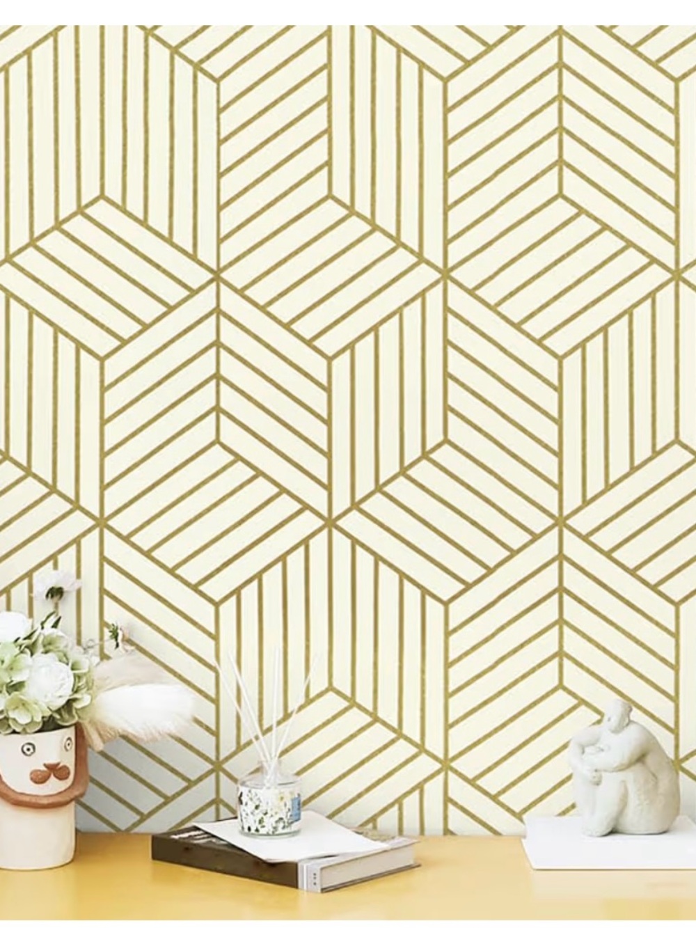 Gold Geometric Hexagon Wallpaper - Modern Wall Decor- Peel and Stick